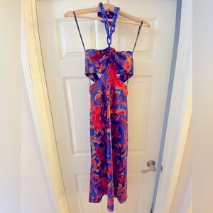 Marciano multicolored halter dress with beaded details around the neck.